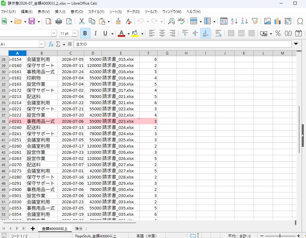 LibreOffice Calc で開いた出力ブック。怪しいファイル由来の行だけが薄赤でハイライトされ、下のタブに検分シートが見える